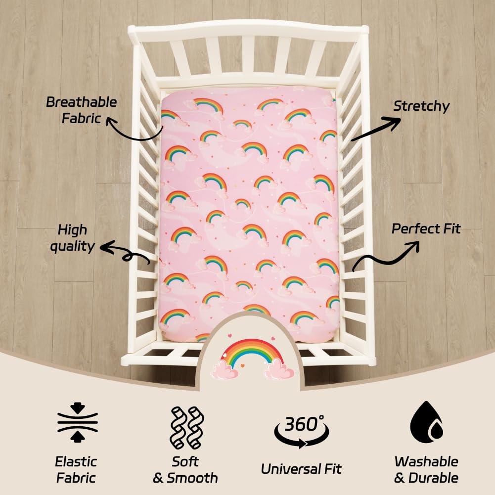 Paquete de 4 sábanas suaves para bebé niña N Play para colchón de cuna, Unicron arco iris, corazón, lindo poliéster neutro, unisex, juego de sábanas bajeras para cuna para bebés y niñas