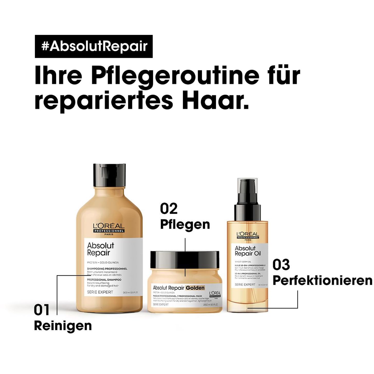 L'Oréal Professionnel Reparierendes Pflegetrio aus Shampoo, Haarmaske und Leave-In Öl, Mit Quinoa für strapaziertes und trockenes Haar, Serie Expert, Absolut Repair