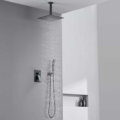 Miniatura 4 de Sistema de ducha de 12 pulgadas, juego combinado de ducha de lluvia negro para montaje en techo, grifos de baño con cabezal de ducha de lluvia y