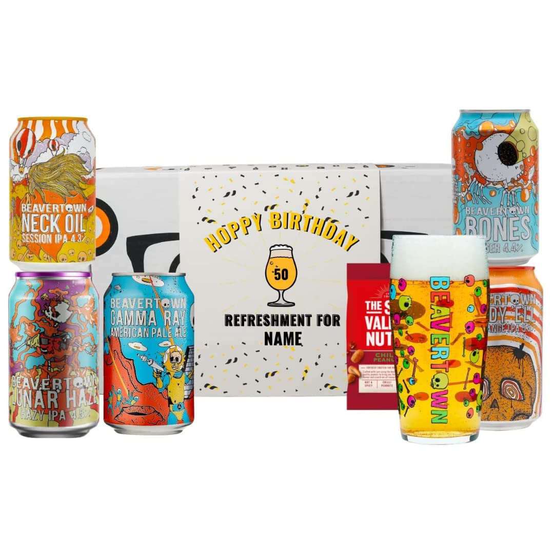 Beer Hunter Personalised Birthday Beavertown Craft Beer Gift Set Box with Glass - IPA, Pale Ale, Lager (5 x 330ml Cans)