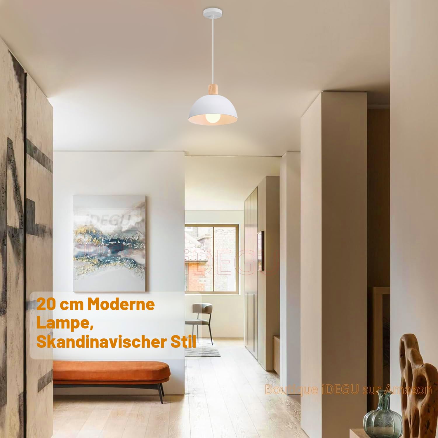 iDEGU Ø20cm Hängelampe Retro E27 LED Hängeleuchte Moderne Skandinavisch Deckenleuchte aus Metall Holz Pendelleuchte für Schlafzimmer Esszimmer Küche Restaurant (Weiß, 1 Stück)