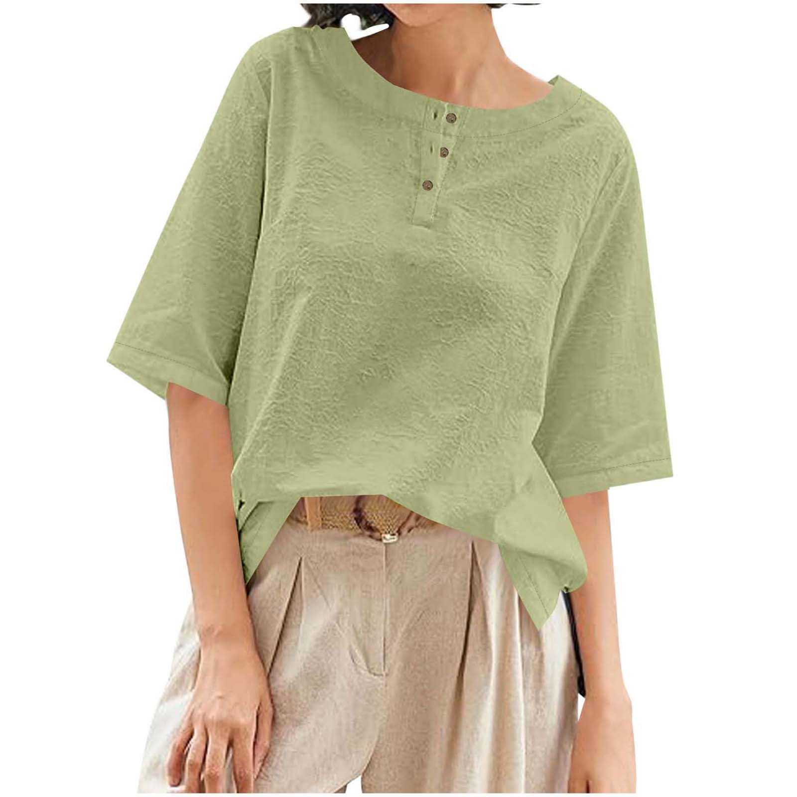 Linen Tops for Women Loose Fit Vintage Vacation T Shirts Half Sleeve Crew Neck Tshirt Casual Boho Travel Beach Clothes