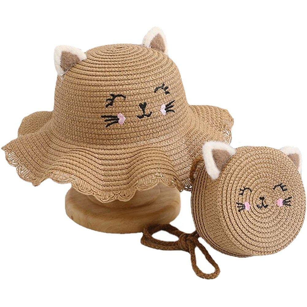 Chapeau seau en paille enfants et son sac assorti pour fillettes