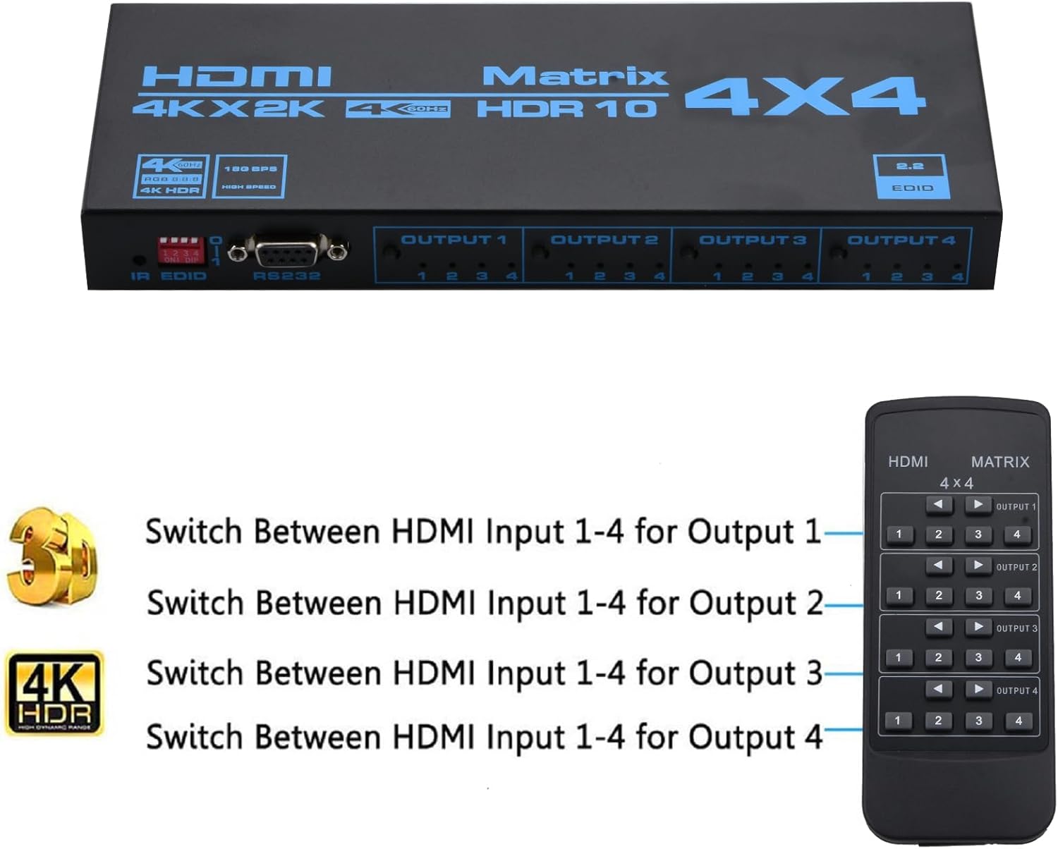 HDMI Matrix Splitter 4 in 4 Out, 4x4 Support HDCP 2.2 ARC 3D 4K@60Hz with SPDIF and L/R Splitter 3 Ports Distributor Display Duplicate for HDTV, STB, DVD, Game Console, Projector