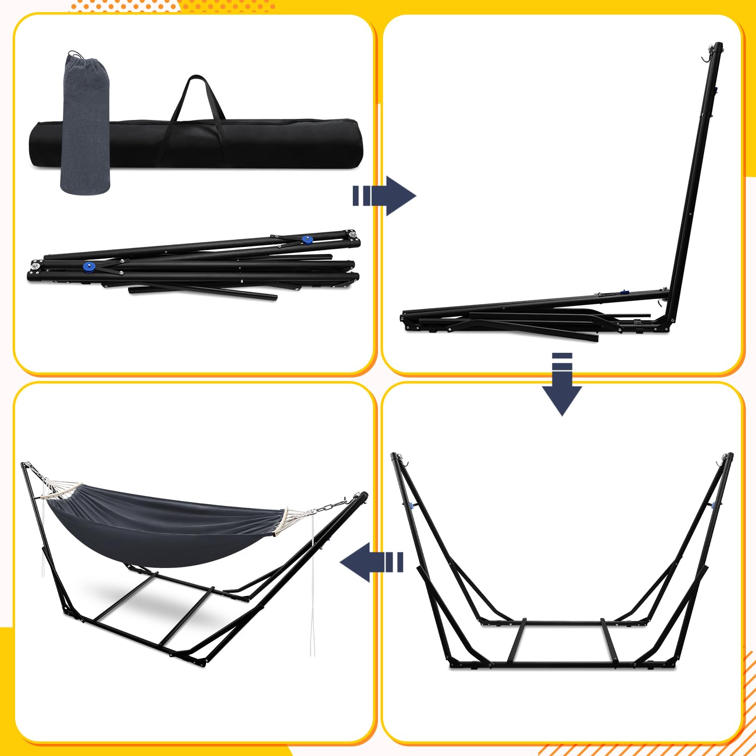 Hamac avec cadre en métal - Pliable - Jusqu'à 150 kg - Pour extérieur, camping, jardin, piscine, balcon - Fauteuil suspendu - Avec sac de transport - Structure en métal