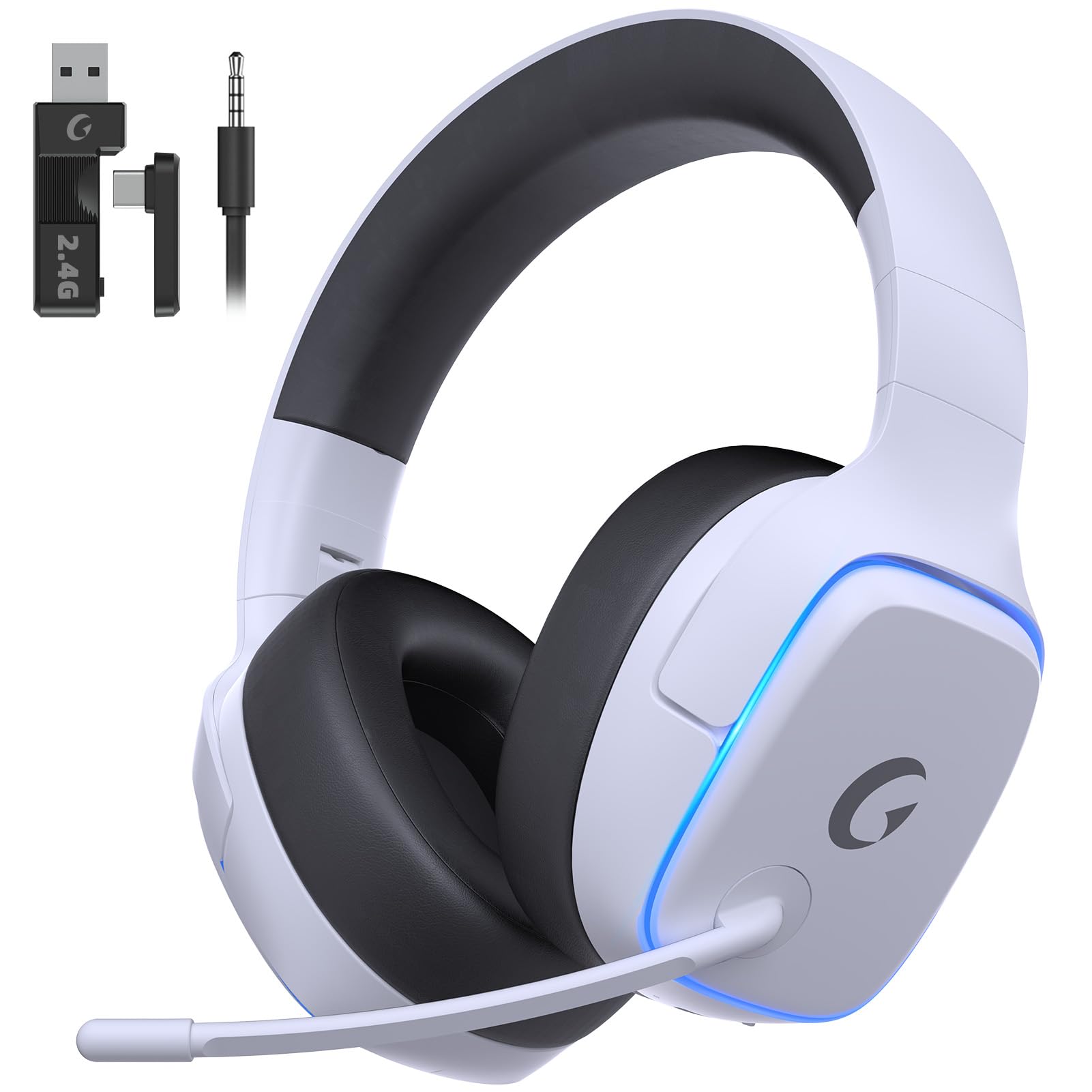 Gvyugke 2.4GHz Wireless Gaming Headsets for PS5, PS4, PC, Switch, White | Bluetooth 5.3 Gaming Headphones with Noise Cancelin