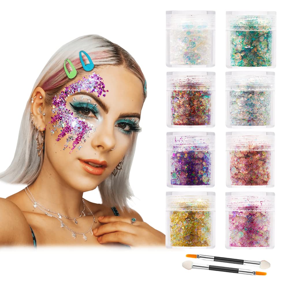 Unicon Chunky Glitter Face Glitter Faces and Bodies Holographic Cosmetic Hexagons Glitter Ultra-Thin Glitter Hair and Nails 8 Colour for Festival Christmas