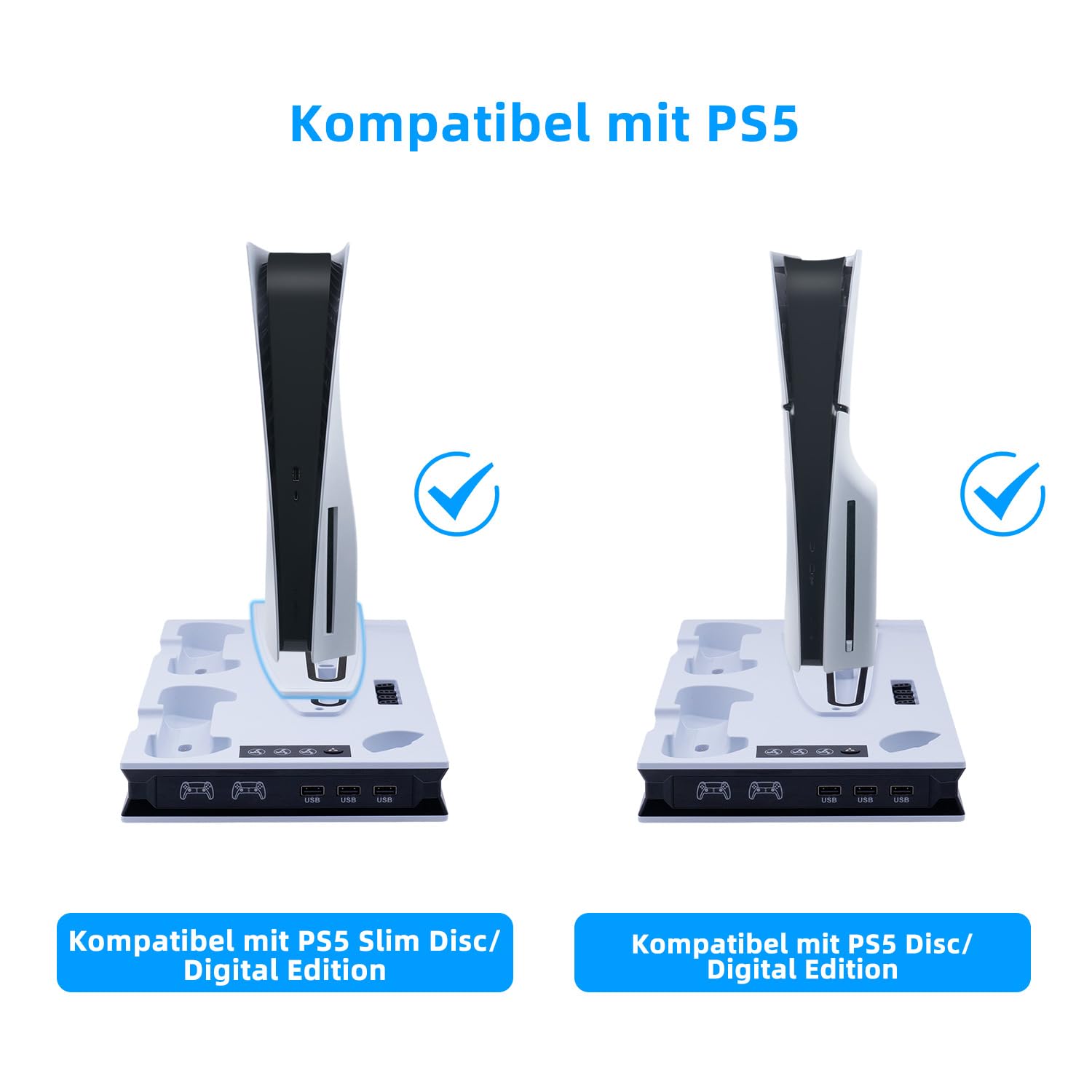 Mcbazel PS5 Pro/ PS5/ PS5 Slim Ladestation Ständer mit 3 Stufig Lüfter und Licht, PS5 Ständer Controller Ladestation LED Standfuß mit Magnet für PS5 Pro/PS5 /PS5 Slim UHD/Digital Edition - Weiß