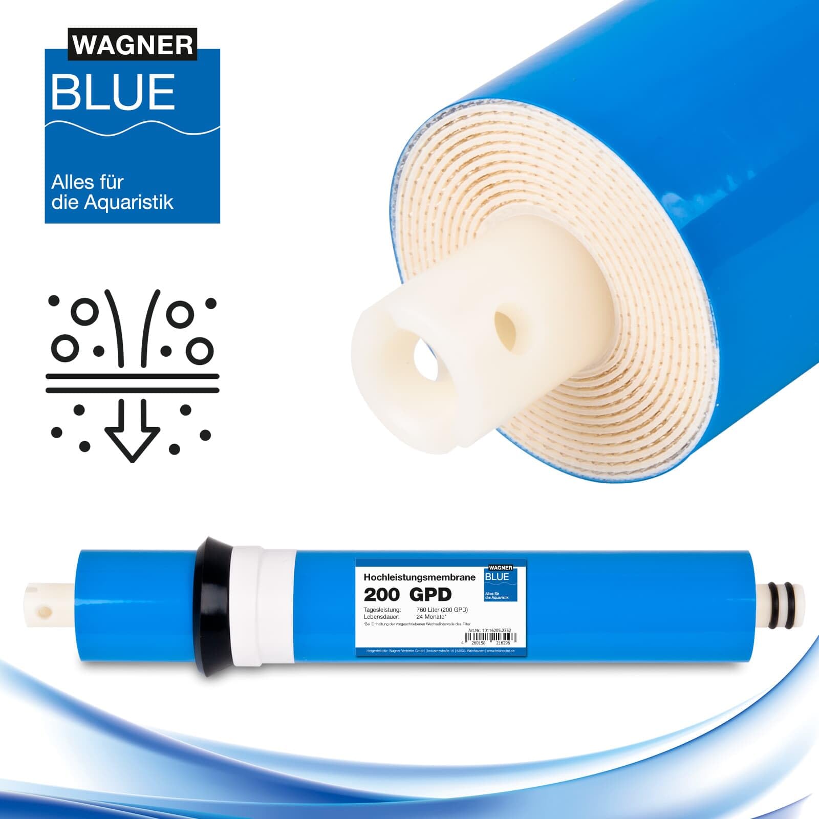 Membrane für Osmoseanlage Expert von Wagner BLUE | passend für gängige Osmoseanlagen | filtert Nitrat, Nitrit, Flourid | Aquarium Wasserfilter zur Herstellung von Osmosewasser (200 GPD)
