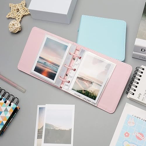 Miniatura 5 de Mini álbum de fotos, soporte para tarjetas fotográficas rosas, tarjetas fotográficas Kpop de piel sintética de 3 anillos, álbum de películas de