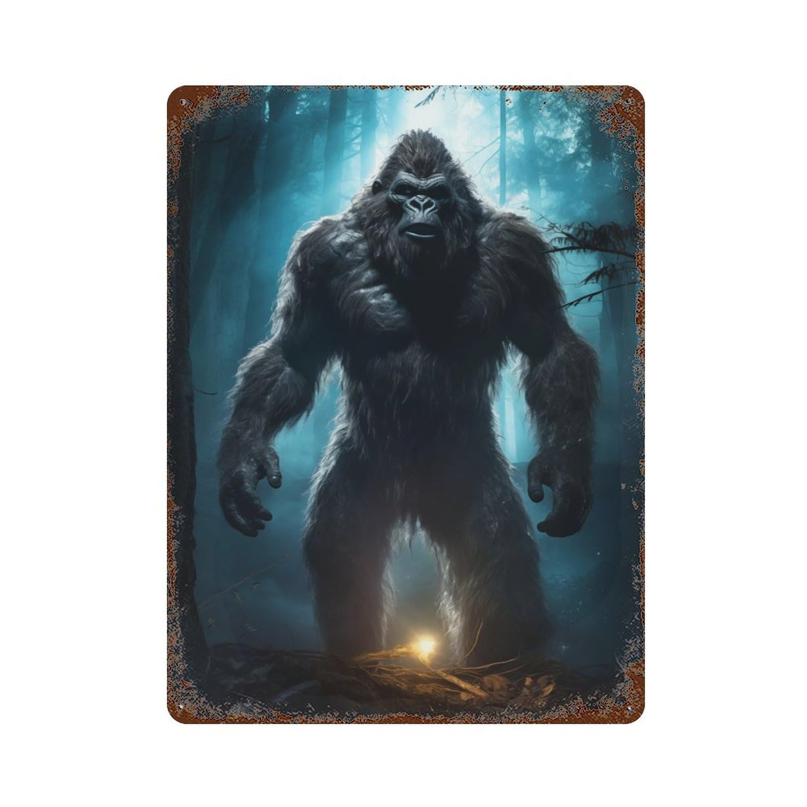 Rust Effect Bigfoot in Forest Decorative Tin Sign 15.7"x11.8", Farmhouse Wall Decor for Patio, Garden Room And Bar Decor