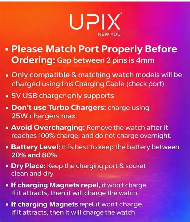 Image of Upix Smartwatch Charging Cable | Safe, Fast Charging for Fire-Boltt, Noise, Dizo, beatXP & 2 Pin Charger Watches (with 4mm Gap Between 2 Pins) | Verify Cable Port Before Ordering | 5V USB Compatible