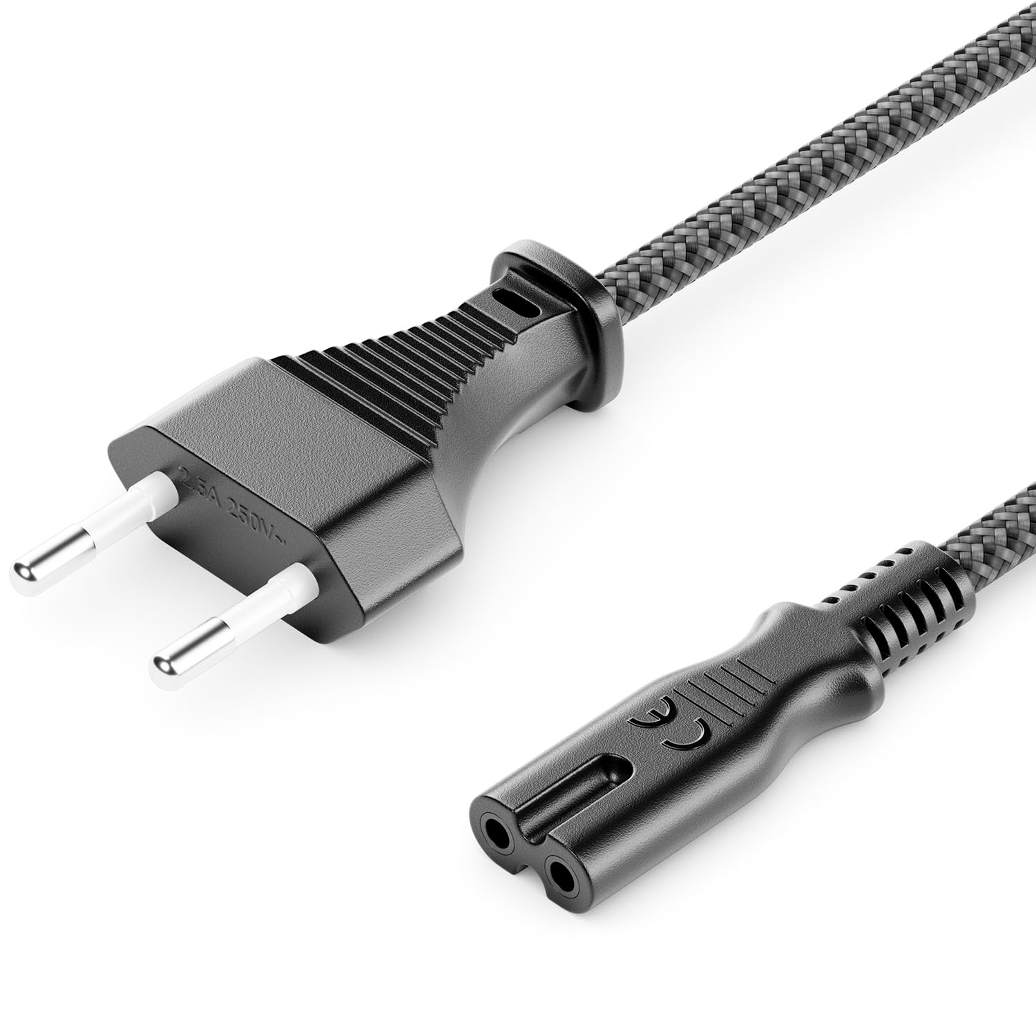 deleyCON 3,0m Cable de Alimentación Eléctrico Enchufe Euro Tipo C a C7 (Nylon) Conector Plano 2,5A para Toma C8 TV Soundbar PS4 PS5 Adaptadores Pequeños Electrodomésticos etc. - Gris - 3