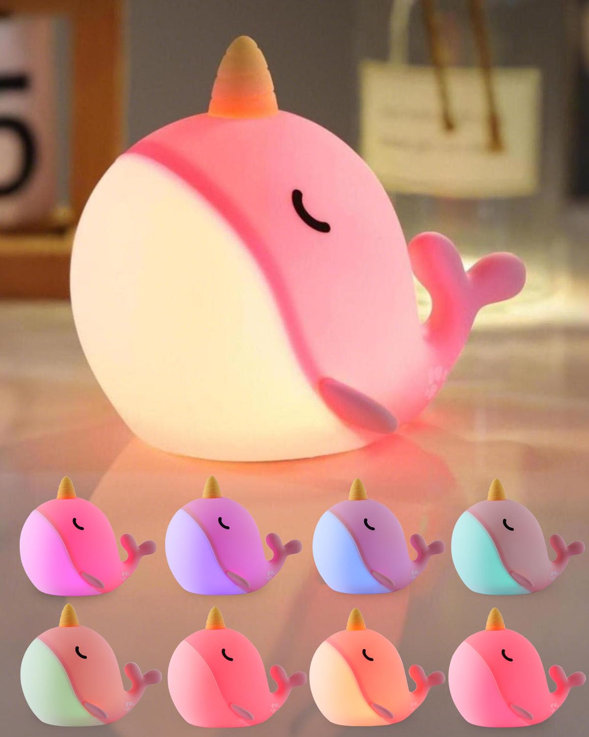 Fuloon Silikon Nachtlicht für Kinder, Wal Baby Nachtlampe mit 7 Farben & Timer, wiederaufladbar Dimmbare Baby Nachtlicht Touch Control für Babyzimmer Kinderzimmer