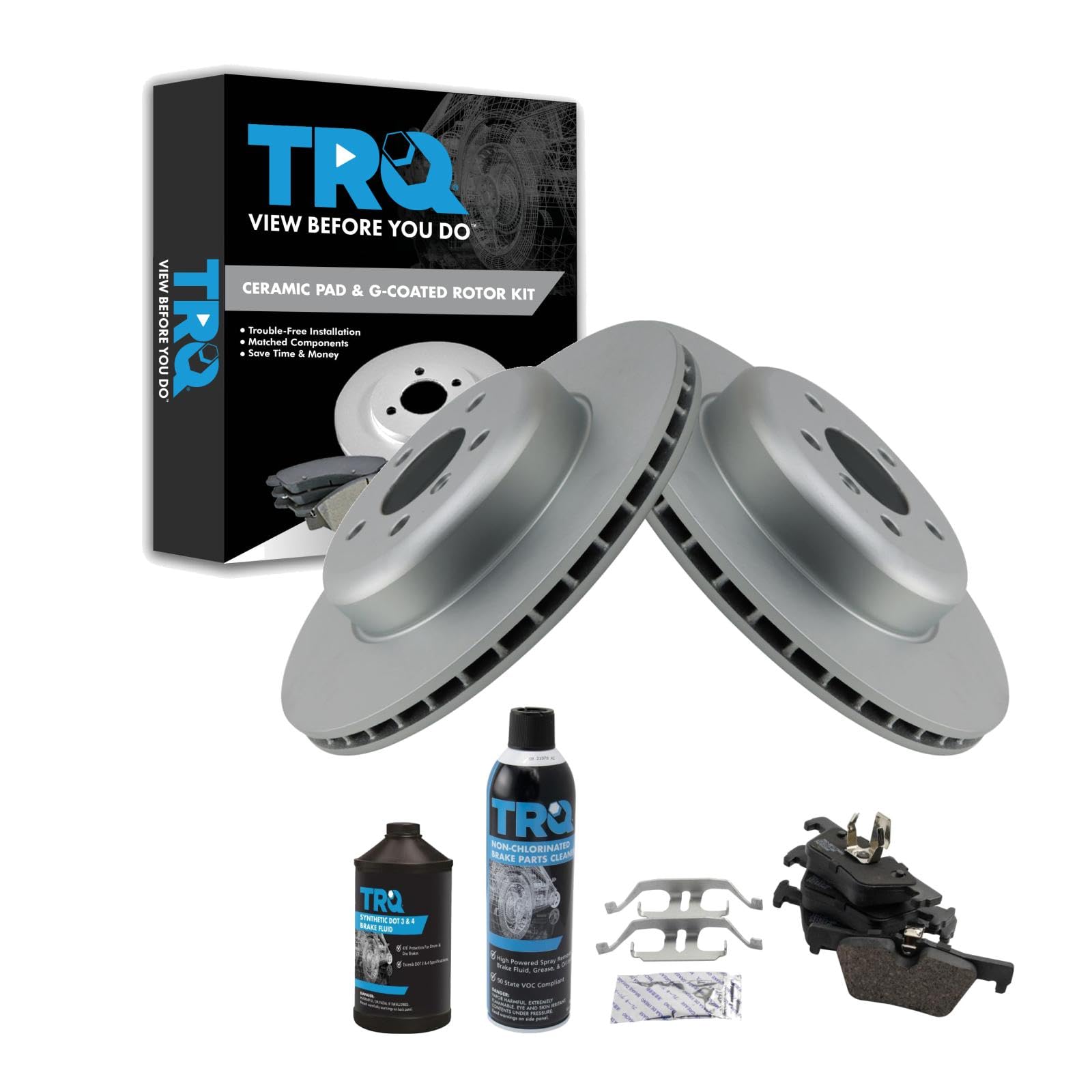 TRQ Rear Brake Pad &amp; Rotor Kit, with Chemical Kit Ceramic Premium G-Coated Compatible with 2015-2016 BMW 328d xDrive 2013 328i 2014-2015 328i GT xDrive 2016 330e