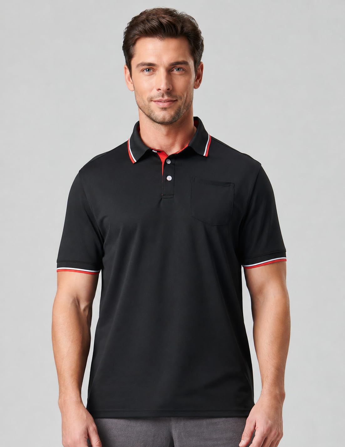 3-pak męskich koszulek polo do golfa Performance Dry Fit Tech z kieszenią na piersi, aktywne koszulki z krótkim rękawem, Granatowy (Midnight Navy/Biały/Czarny, M