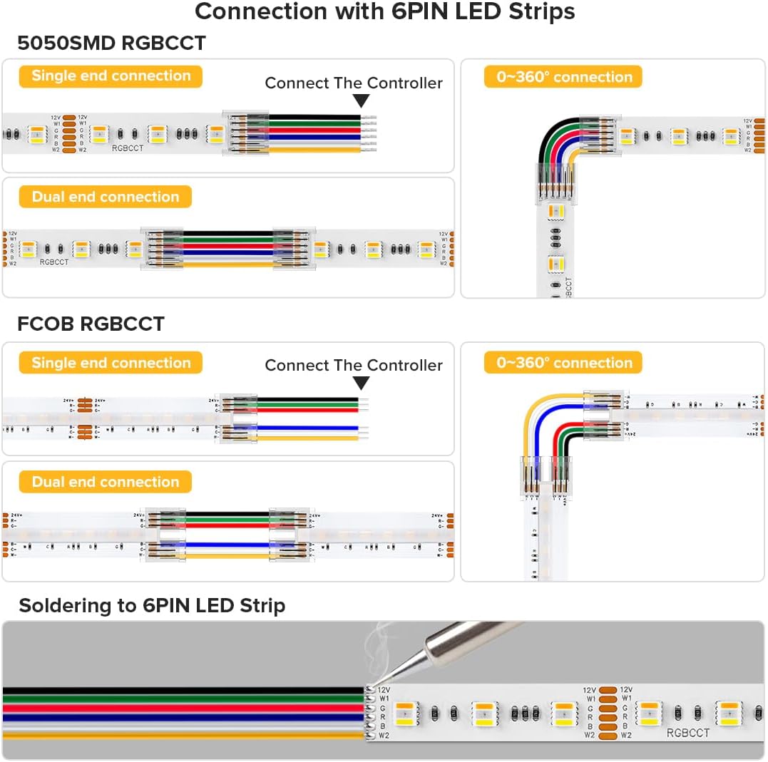 COB LED Strip Set Include Transparent 12mm 6pin RGBCCT LED Connectors 16.4FT 24V COB RGBCCT Lights Strip & 24Gauge 6 Pin RGBCCT Flexible Extension Electrical Wire 32.8FT/10m
