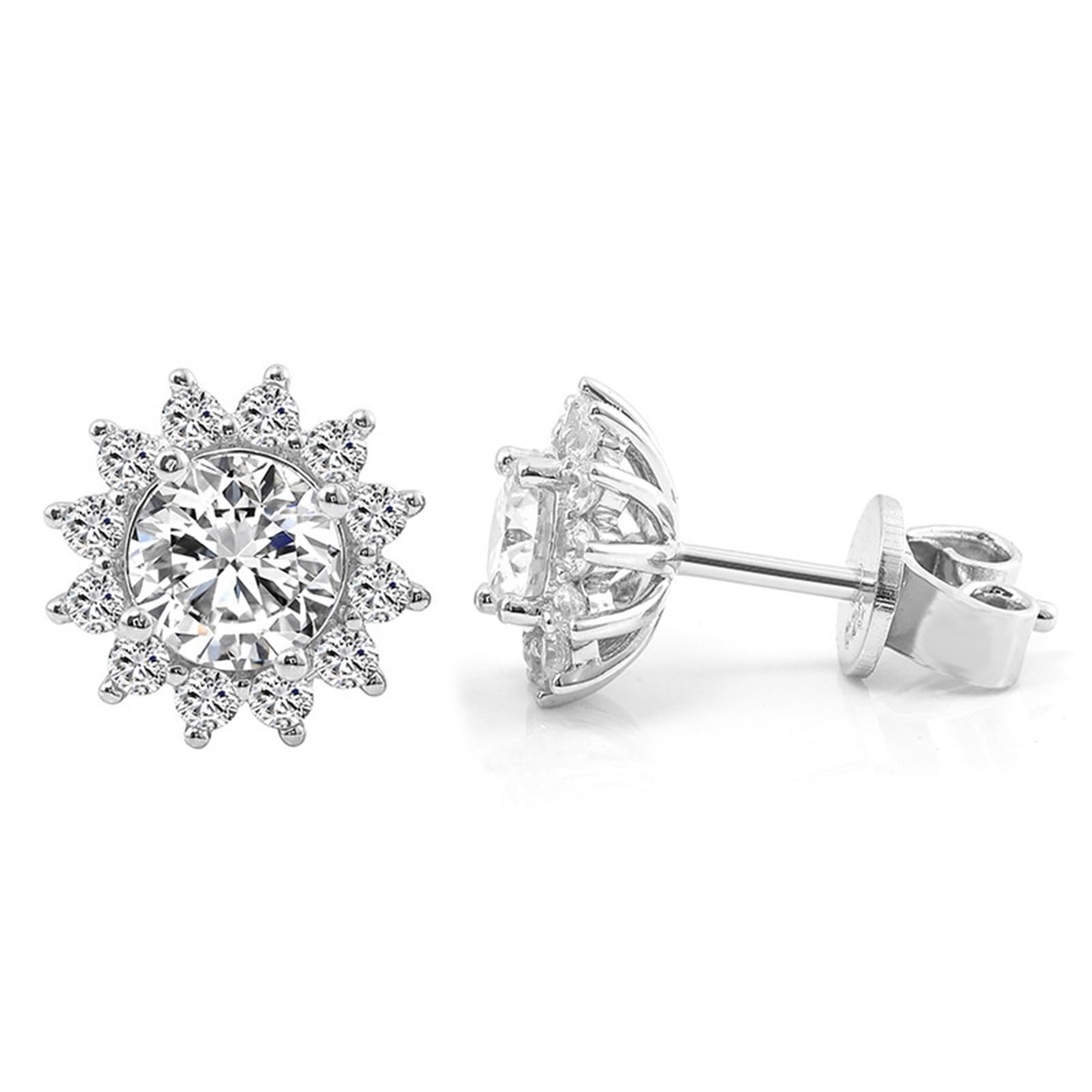 Pendientes Mujer Girasol con Moissanita de 0.5ct y Circonita, Oro Blanco 9K/14K/18K/Plata de Ley 925, Joyería Pendientes de Botón con Piedra
