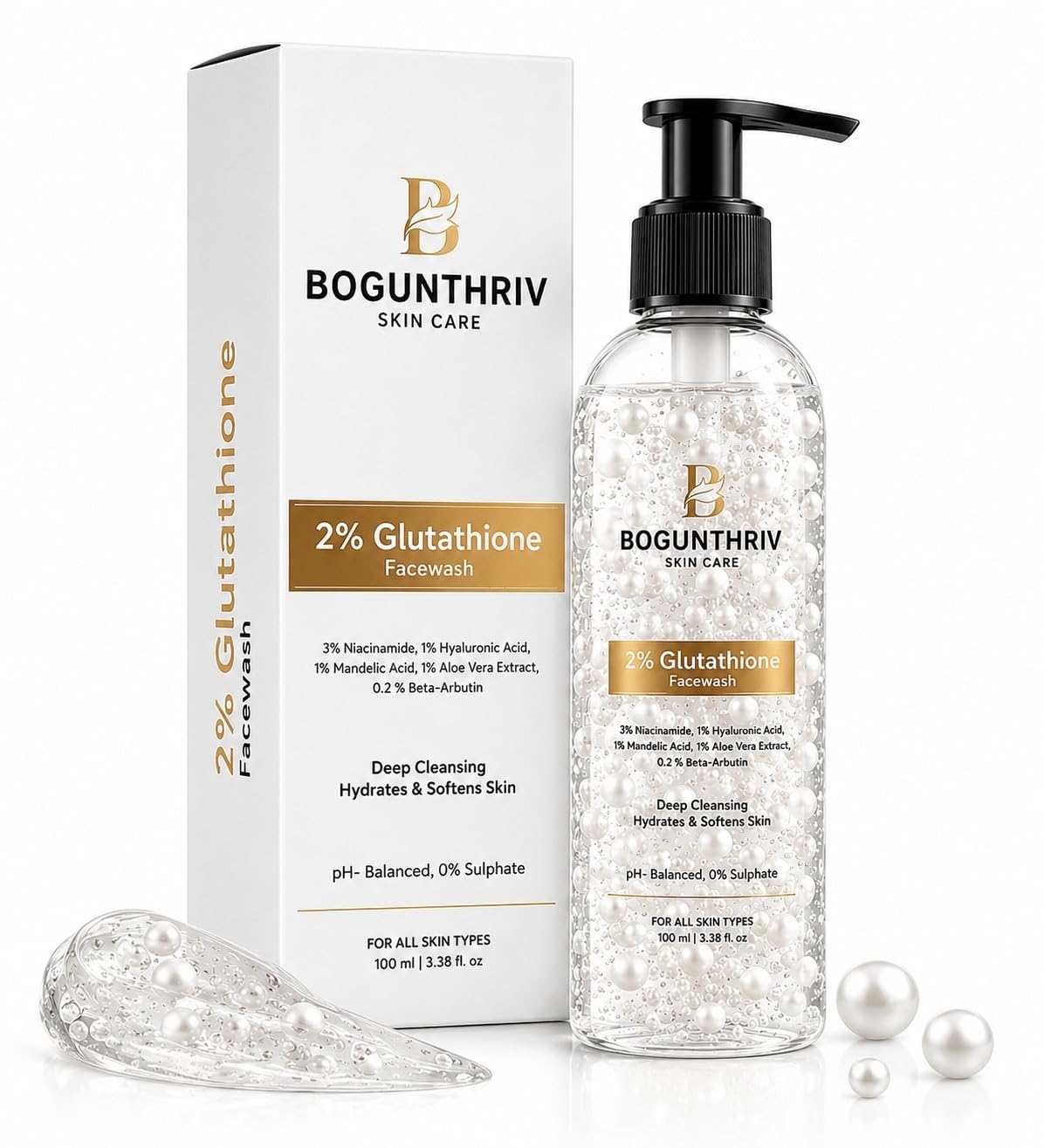 Bogunthriv 2% Glutathione Brightening Face Wash with 3% Niacinamide, 1% Hyaluronic Acid, 1% Mandelic Acid, 1%