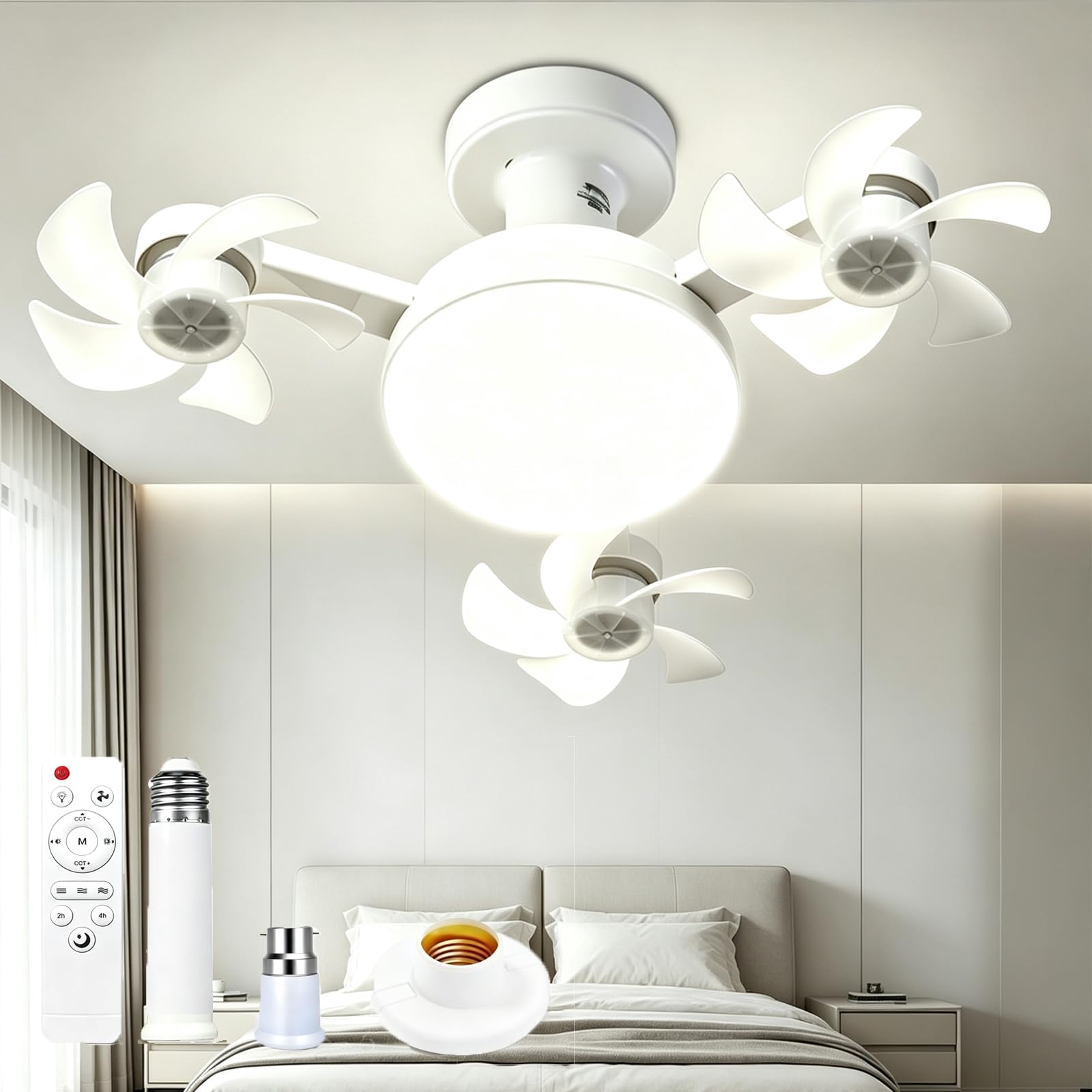 ANBTUKJ Ceiling Fan with Lights Remote, 3 Heads 50W 3 Speeds Dimmable Modern Fan Light, 2-in-1 E27/B22 with Timer Quiet Mode for Bedroom Closet Garage
