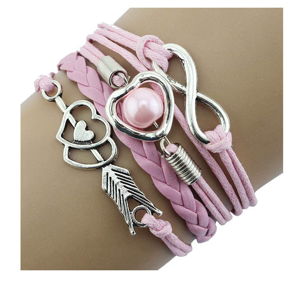 DOINSHOP Infinity Love Heart Pearl Friendship Antique Leather Charm Bracelet (pink)