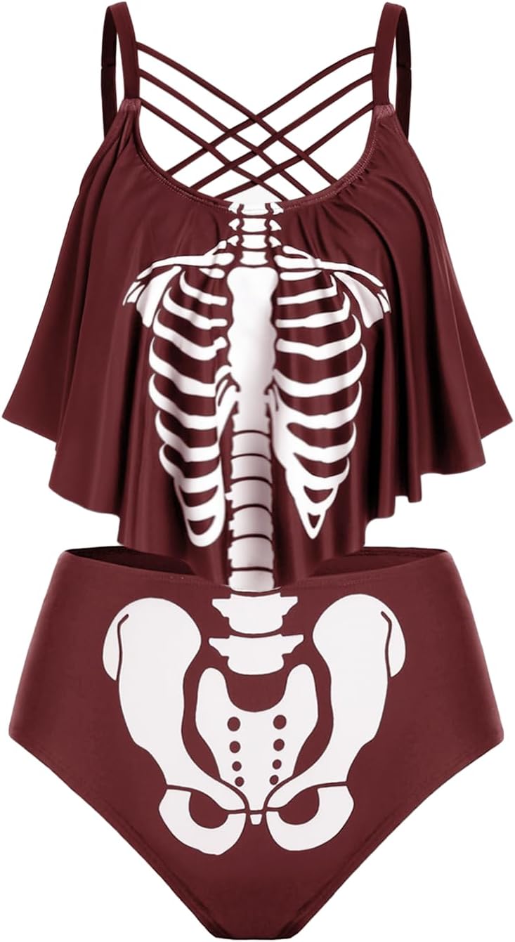 Rosegal Womens Plus Size Skeleton Print Flounce Crisscross Strappy Tankini Swimwear Set