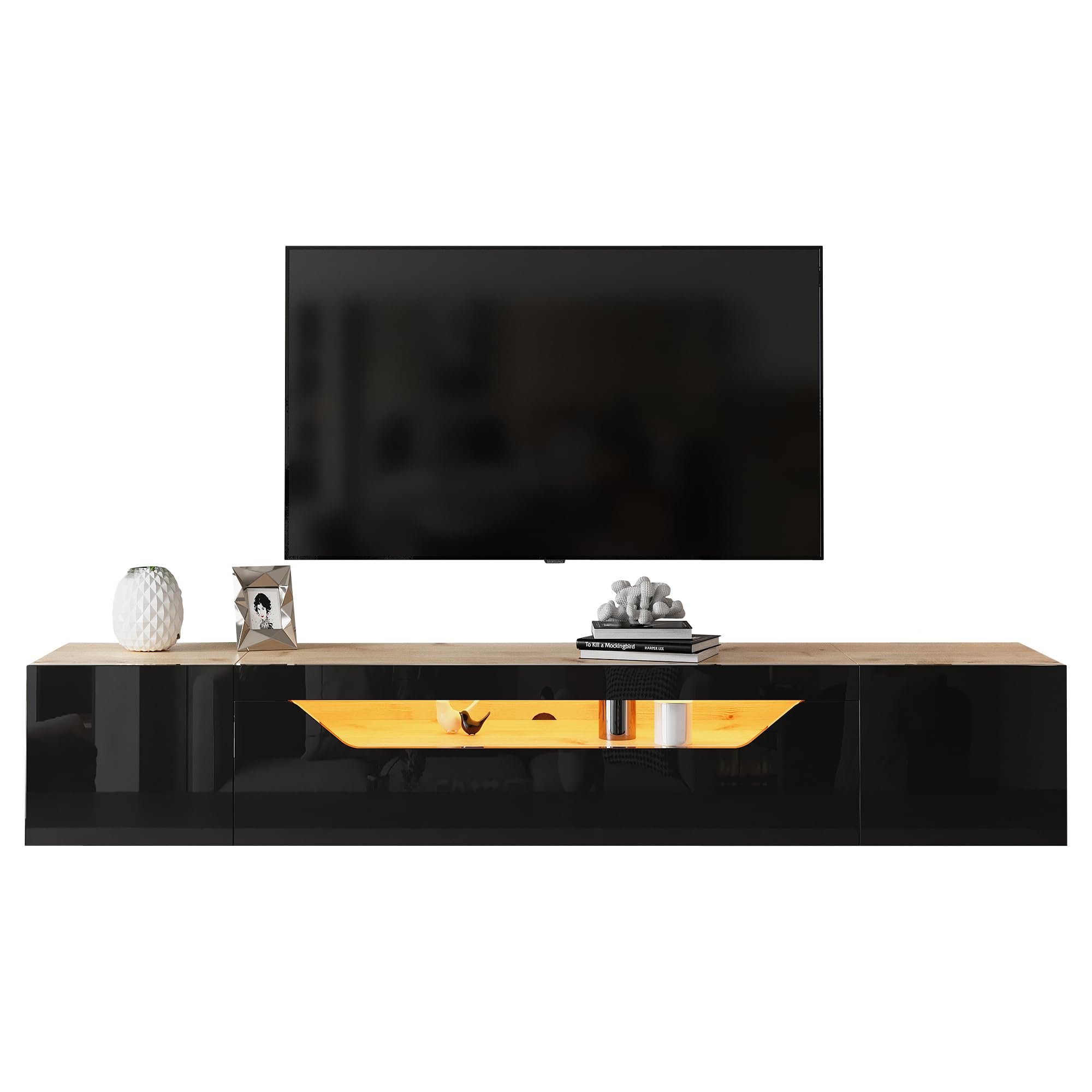 Meuble TV bas suspendu 180 cm avec LED, noir brillant et aspect bois, meuble TV mural avec 3 compartiments de rangement, 2 portes et porte rabattable, convient pour téléviseurs jusqu'à 75"