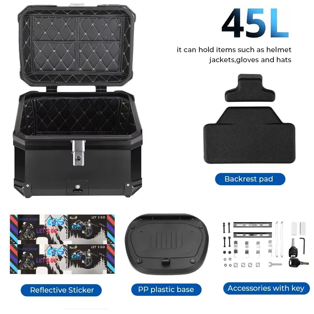 Genérico Top Case Moto Universal, Baúl de Moto Impermeable 45L / 57L, Caja Trasera de ABS Engrosado con Cerradura de Seguridad y Base de Montaje para Cascos, Equipaje Moto y Scooter (45L)