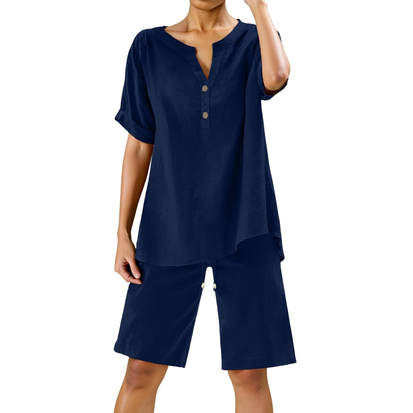 2-teiliges Damen-Outfit mit weitem Bein, Bluse, Taschen, elastische Hosen-Sets, lässiges V-Ausschnitt-Shirt, Hose, modische Streetwear51# L