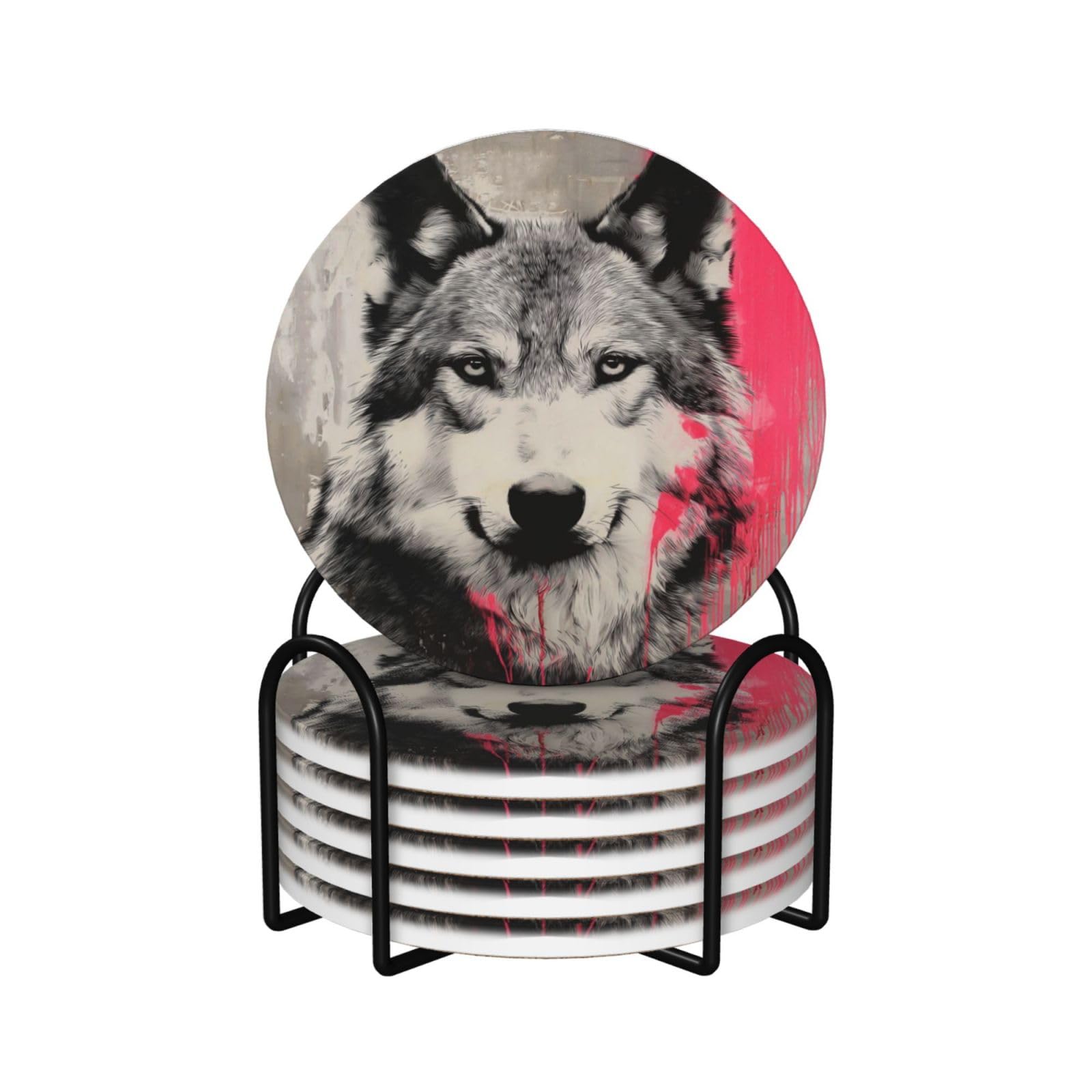Wolf Graffiti Street Art Ceramic Coasters with Holder 6ps