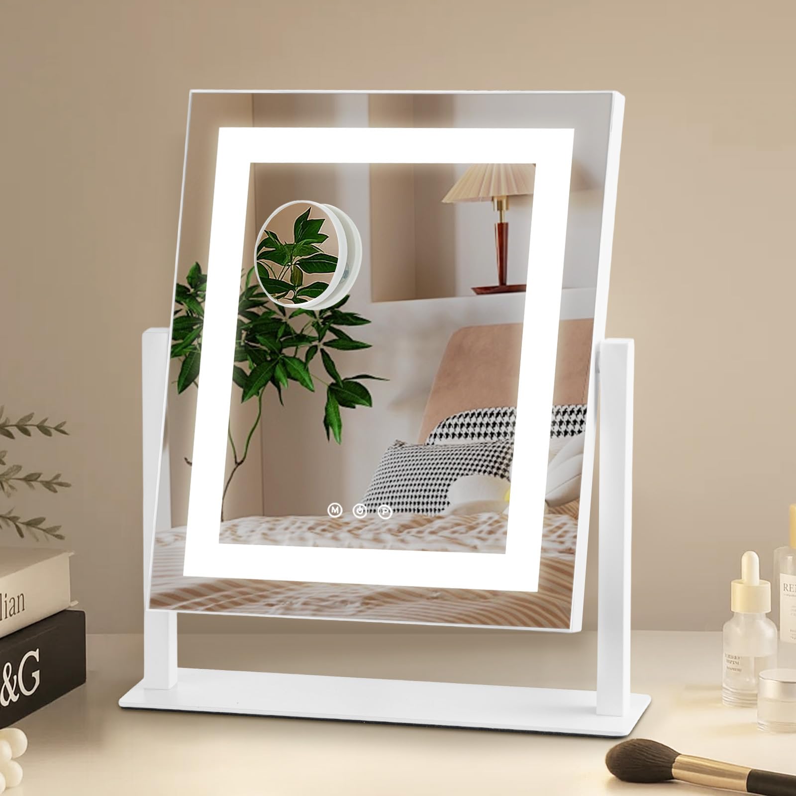 CROWNSHOP Hollywood Vanity Mirror with LED Lights, 30x25 cm, 3 Colour Settings, 360Β° Rotation, 10x Magnification, USB Ports (Square)