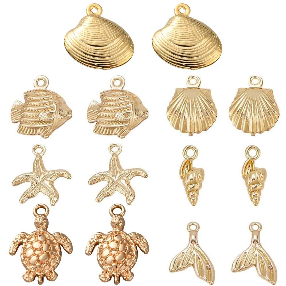 PH PandaHall 7 Styles 14K Gold Plated Ocean Theme Charms, 14pcs Sea Life Charm Gold Shell Fish Starfish Tortoise Charm Pendant Summer Beach Charms for Necklace Bracelet Jewellery Making DIY Craft