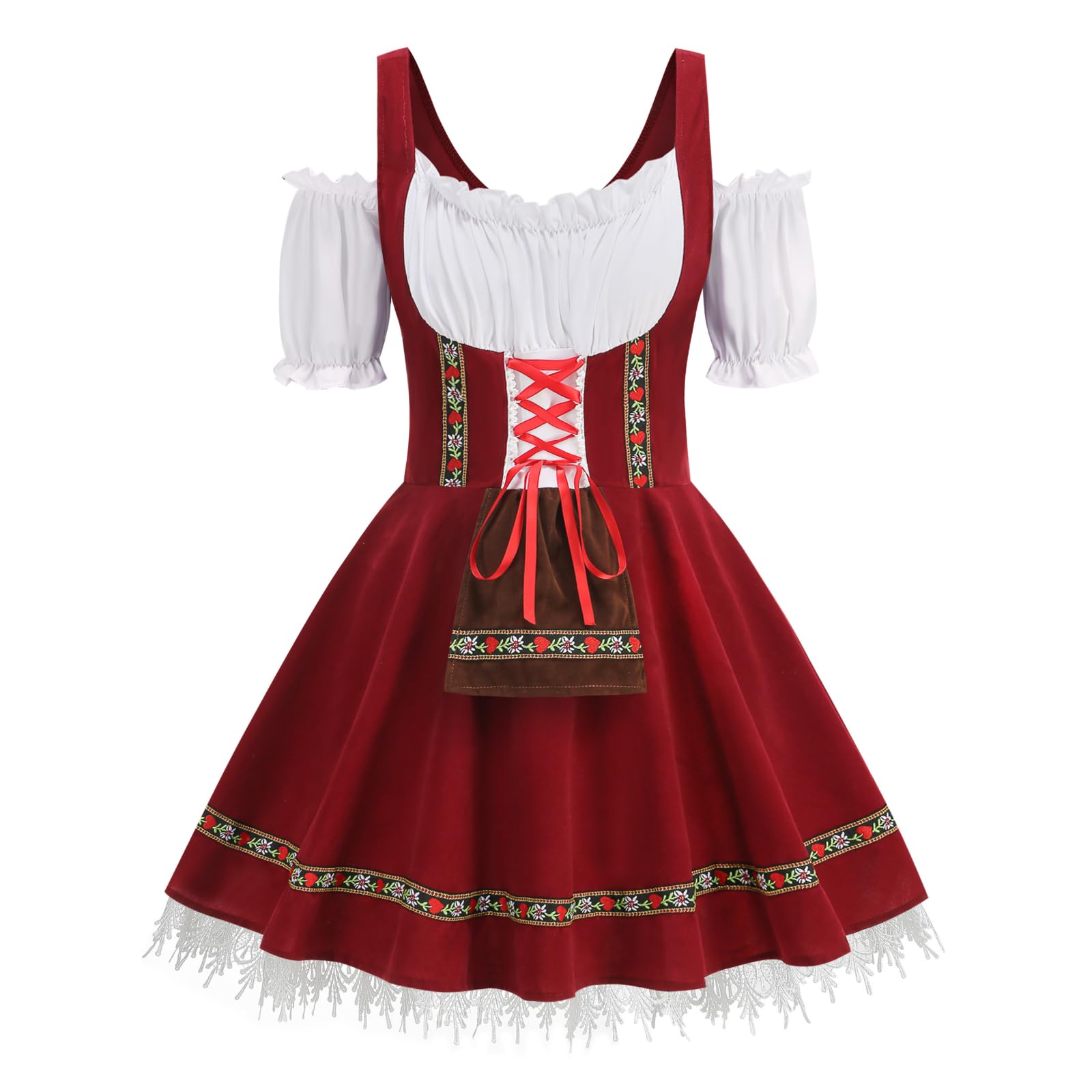 RRCBMD Women Oktoberfest Costume Adult Bavarian German Beer Velvet Dress Halloween Carnival(Maroon Plus 2XL)