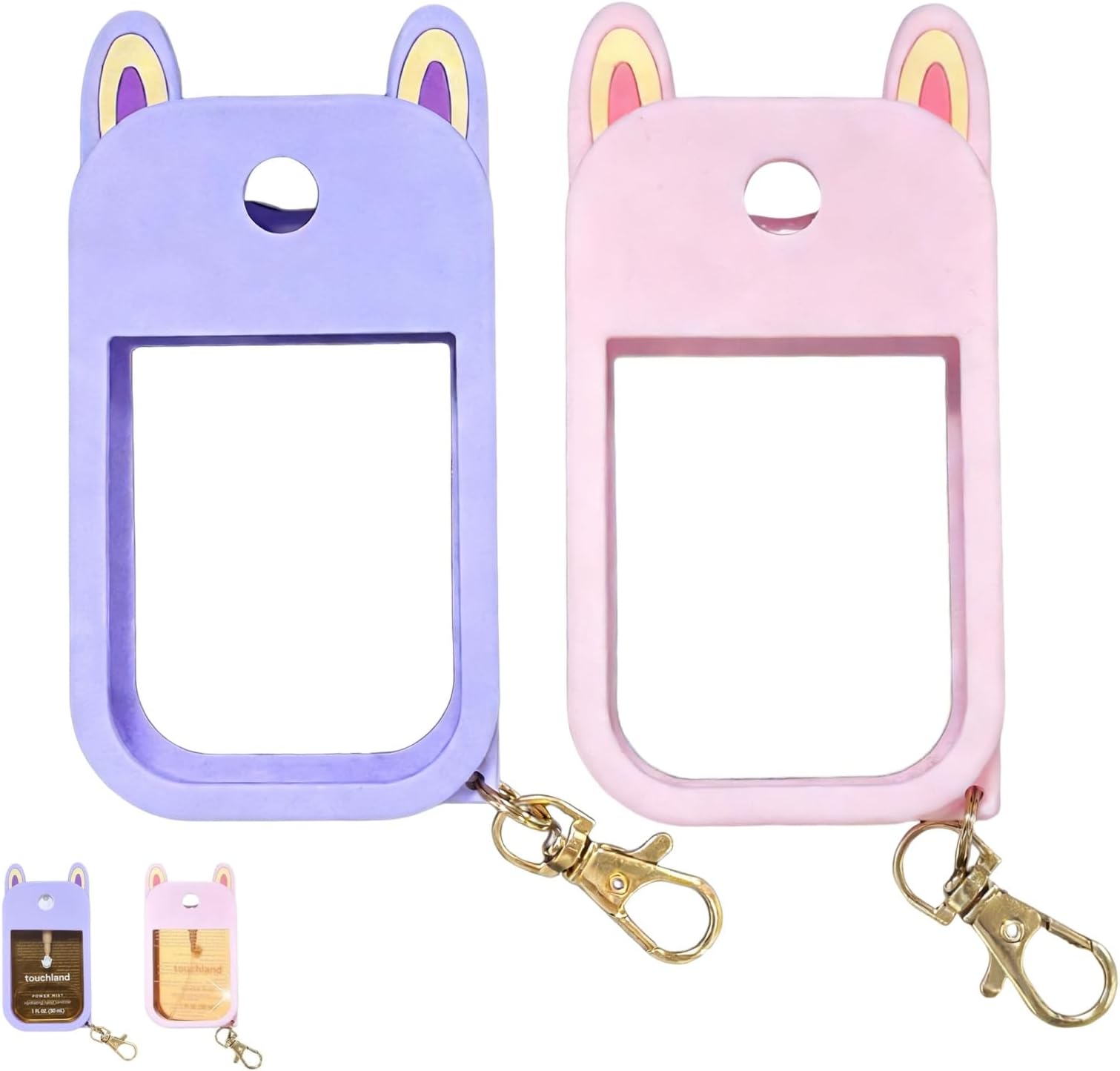 LEBKFT 2Pcs Silicone Protective Case with Keychain, Compatible with Hand Sanitiser Sprays Hand Sanitiser Holder for Touchland Spray 1FL OZ/30ml Portable Liquid Soap Accessories (Pink and Purple)