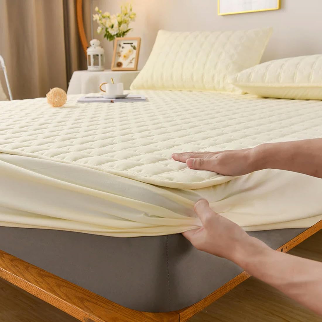 Sábana Bajera Impermeable de Colores sólidos, Fundas de colchón Ajustables, Cuatro Esquinas con Funda de Almohada con Banda elástica, 1 Uds.