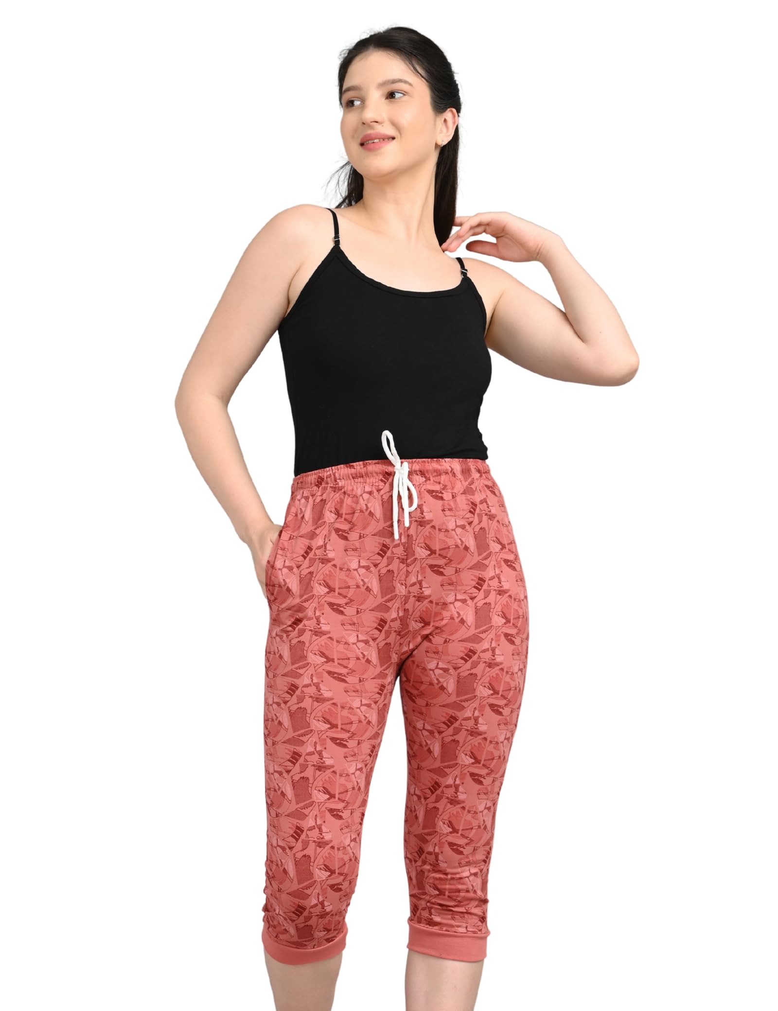 Coral Pink Printed Shorts for Women | Pocket & Drawstring | Soft & Comfortable Fit-image-0