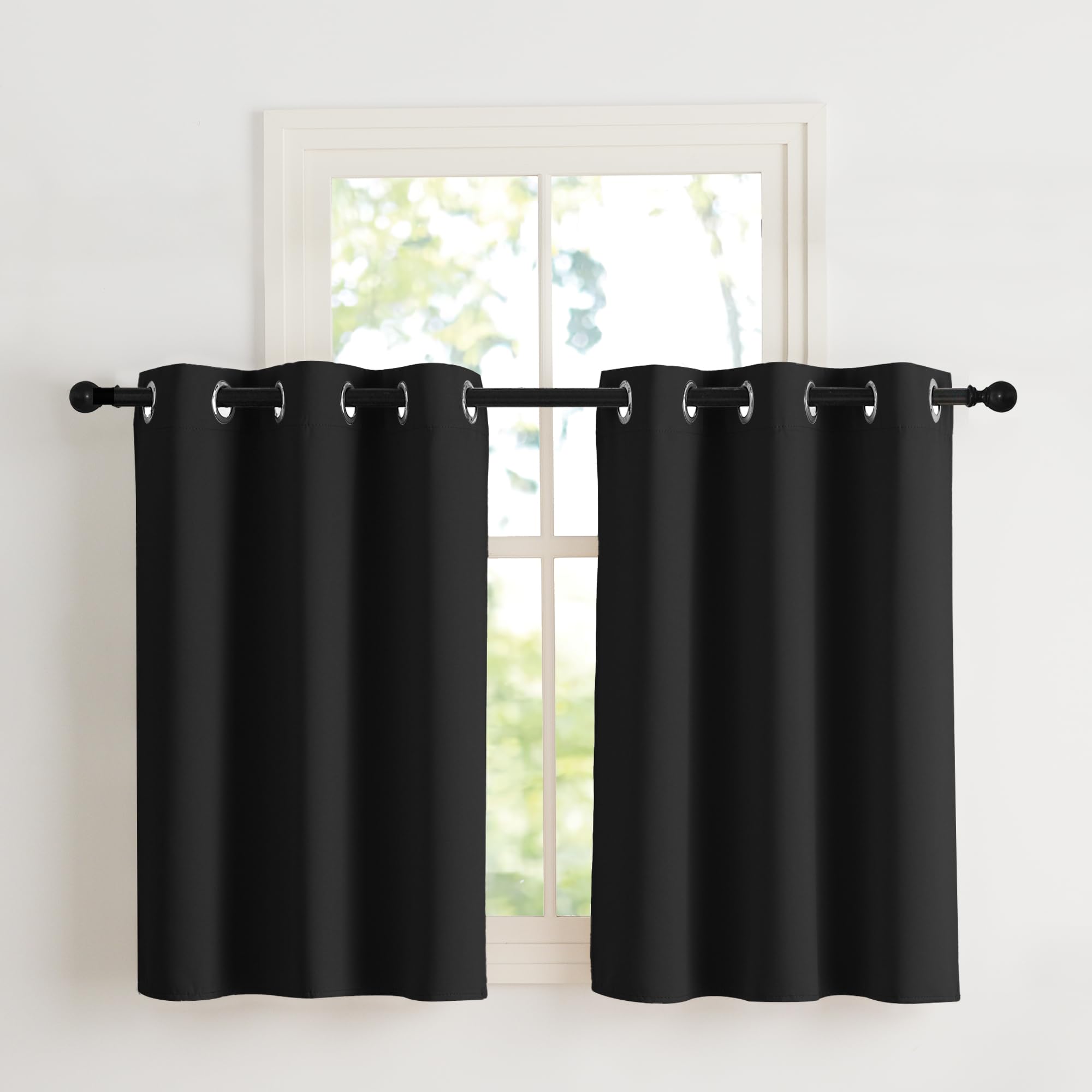 NICETOWN Net Curtains Modern Short Curtain Black Opaque Short Curtains with Eyelets Set of 2 H 90 x W 107 cm Kitchen Curtains Thermal Curtains Short Blackout Curtain H 90 x W 107 cm