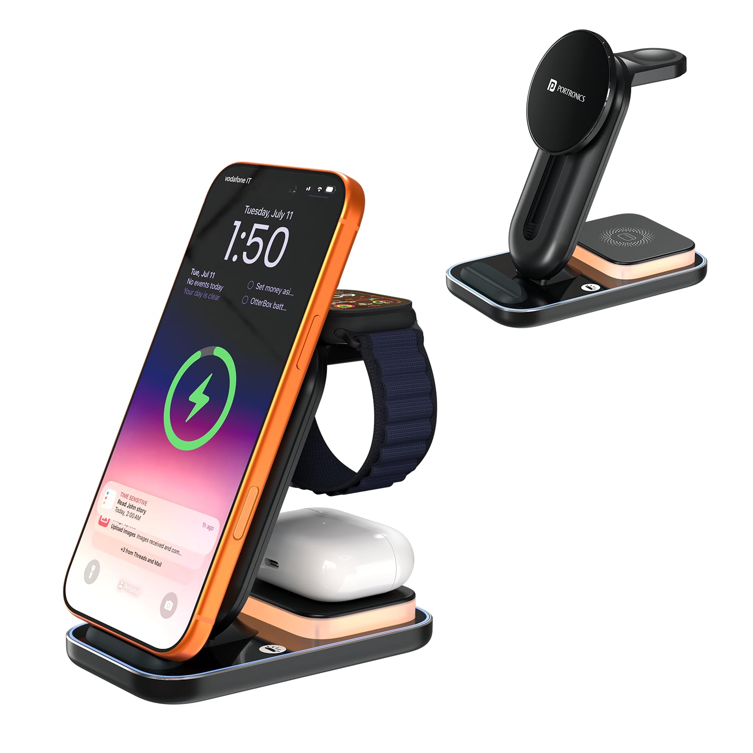 Portronics TriCharge Ultra Wireless Charger 3-in-1 Phone smartwatch & Earbuds, Smart Height Adjustment,15W Qi Certified Fast Charging,Touch Control Night Light, Type-C (Black)-image-47