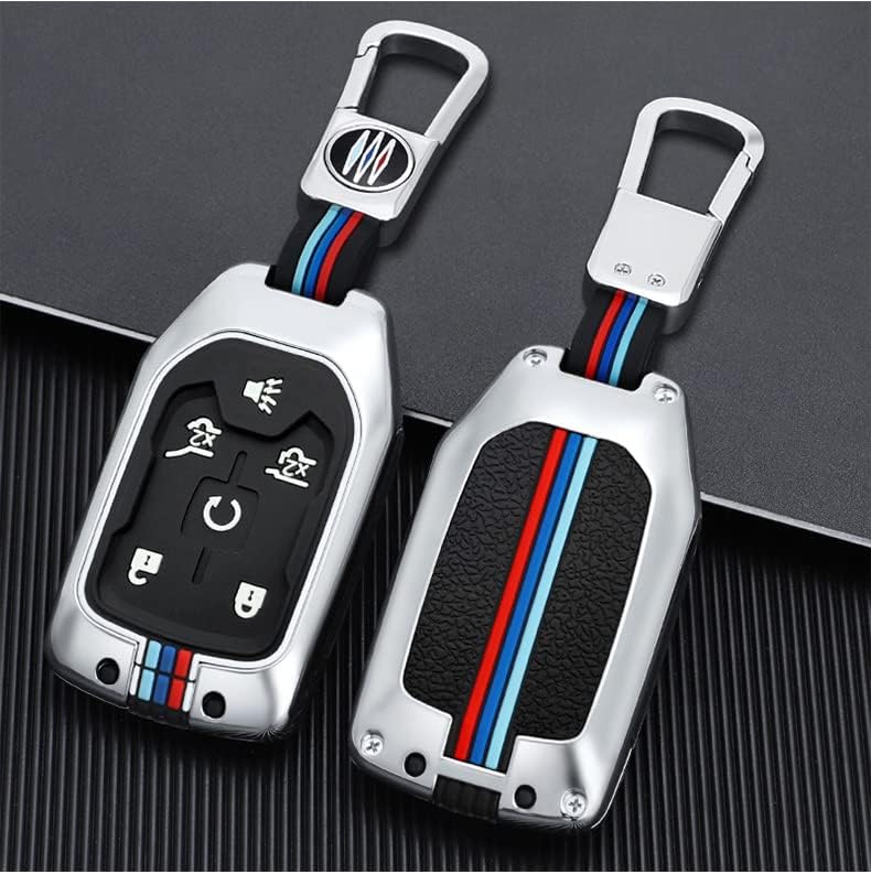 AUFUYAOLIN Key Fob Cover Case Car Key Metal Shell Cover Compatible for GMC Acadia Terrain Yukon Chevrolet Chevy Suburban Tahoe (Siliver)