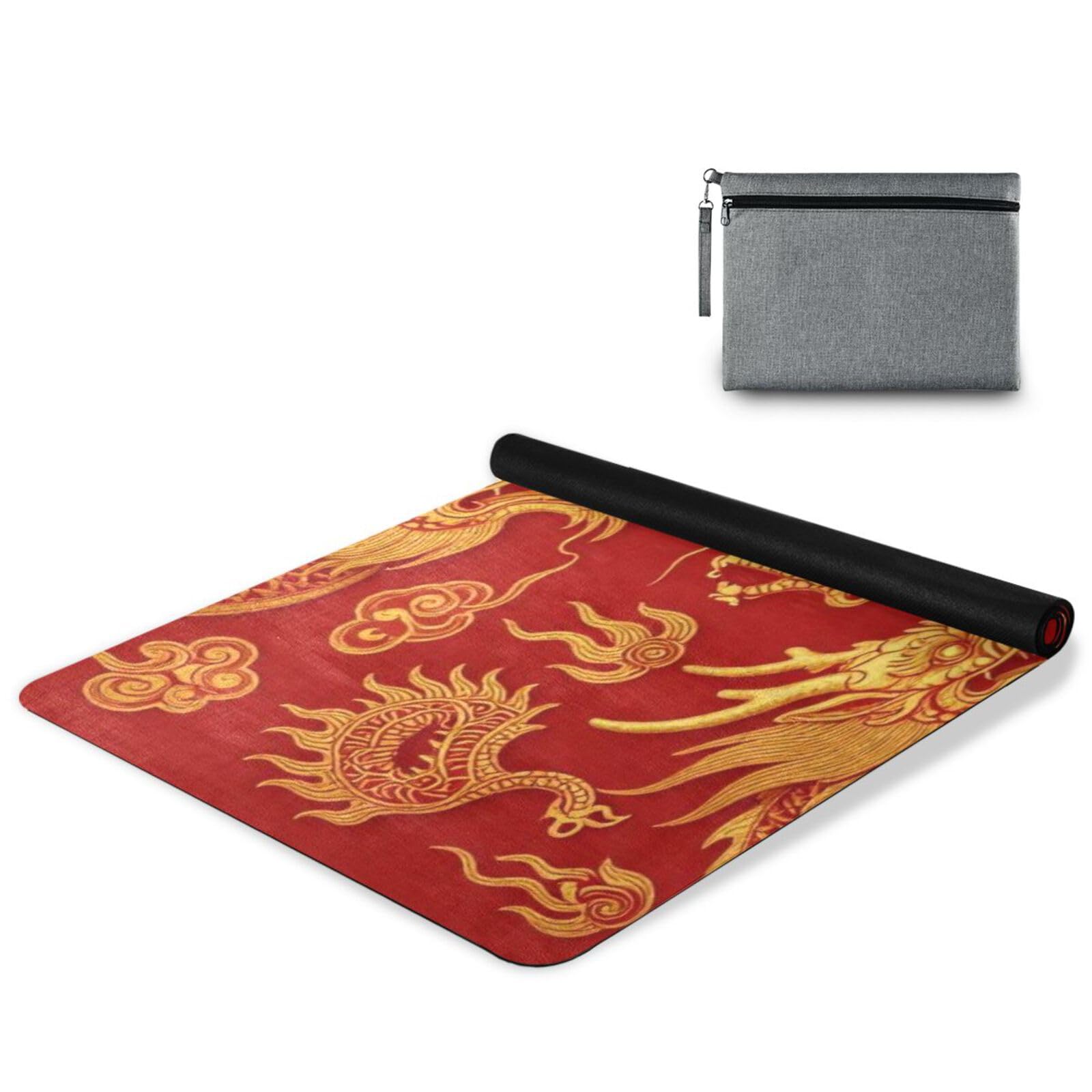 Alfombrillas de yoga impresas de lujo con diseño de dragón chino dorado y rojo, grosor de 1 mm de grosor, antideslizante, con bolsa de yoga para ejercicio, 180 x 66 cm