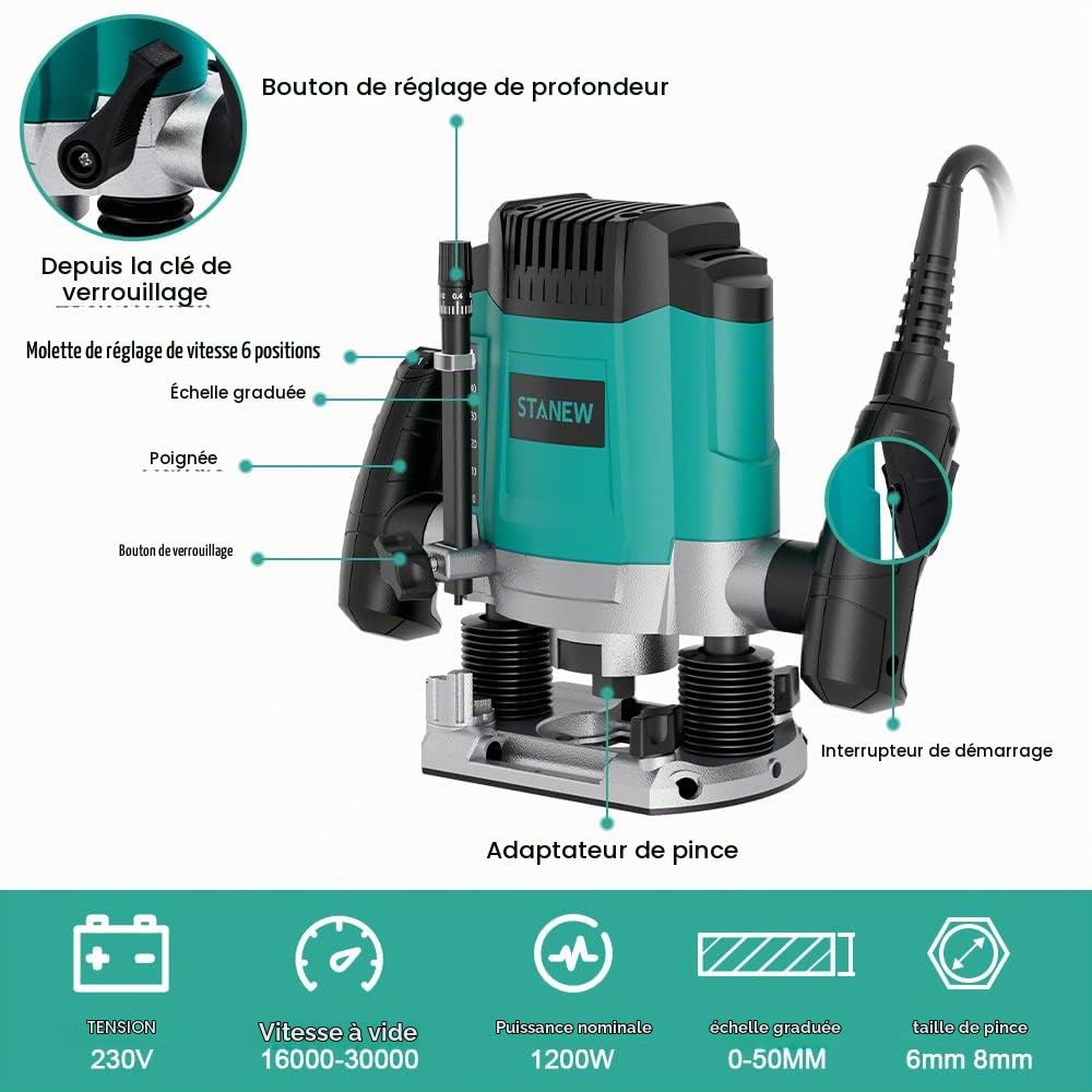 Défonceuse Verticale Electrique 1200 W 16000-30000 RPM STANEW, Profession Fresatrice Verticale avec Set de 12 fraises,6 Vitesses, Réglage de la Profondeur de Fraisage.