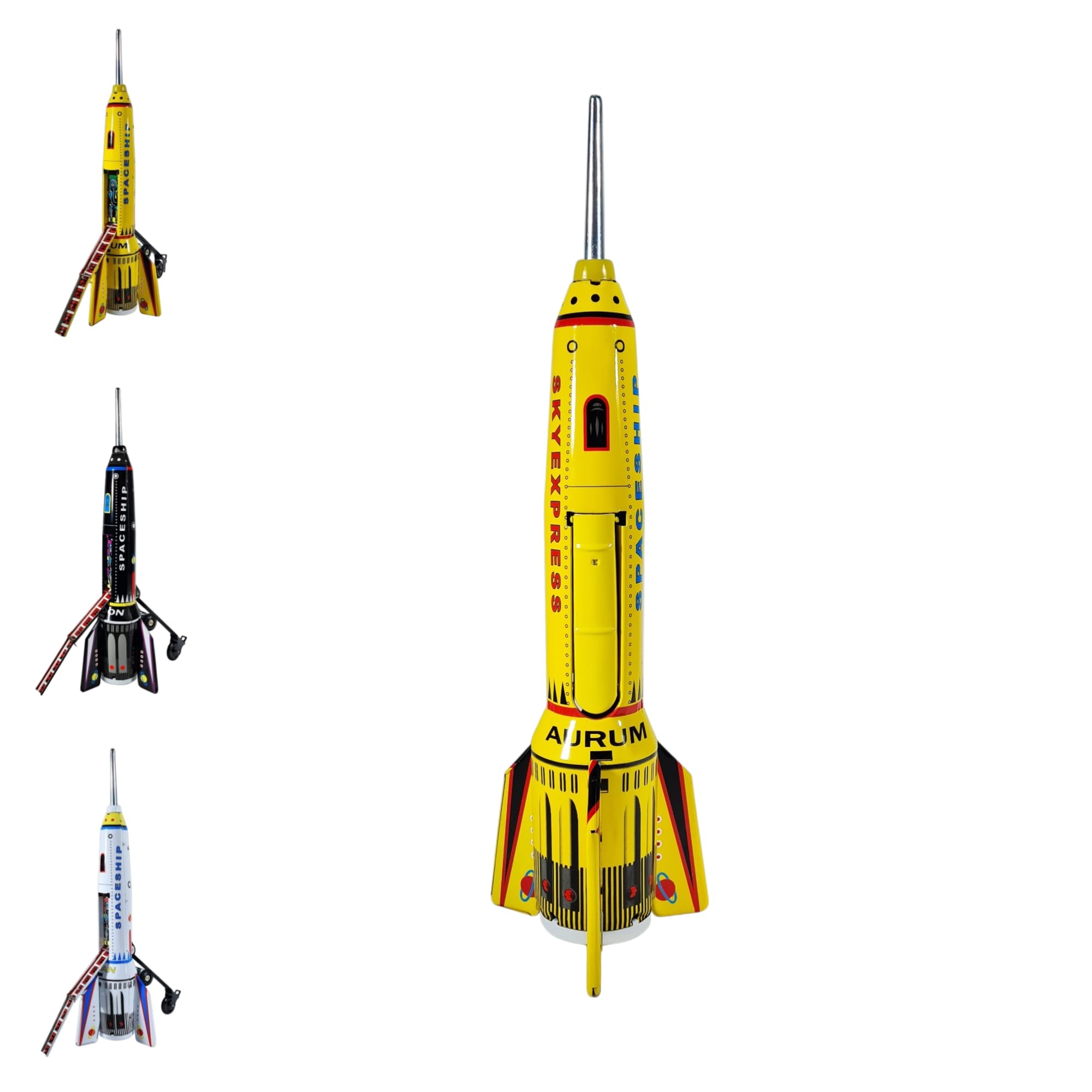 Klocke Dekorationsbedarf Nostalgie-Weltraumrakete - Exklusives Blech-Sammlerstück (41cm) mit mechanischer Aufricht-Funktion & Friktionsantrieb - Handlithografiertes Metallmodell (Rakete Aurum - Gelb)