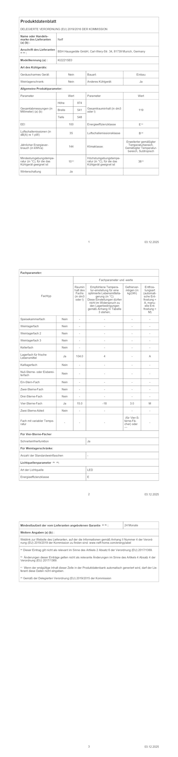 Neff KI2221SE0, N 30, Einbau-Kühlschrank, integrierbarer Kühlautomat mit Gefrierfach 88x56 cm, 104L Kühlen, 15L Gefrieren, Made in Germany, Schleppscharnier, EcoAirflow, Sicherheitsglasablagen