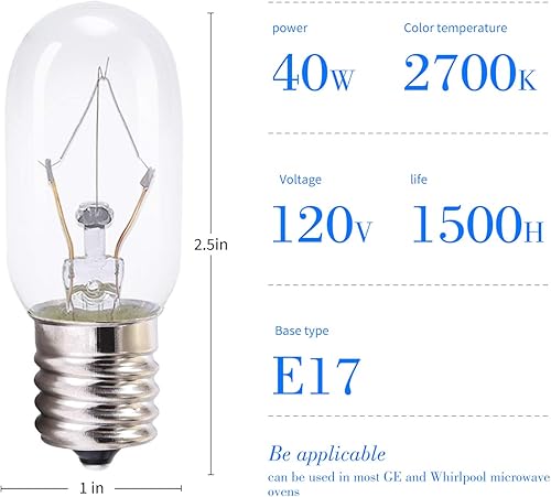 Miniatura 2 de GE WB36x10003 - Bombilla de 40 W para microondas, se adapta a la mayoría de hornos GE y Whirlpool, bombilla base E17, paquete de 6
