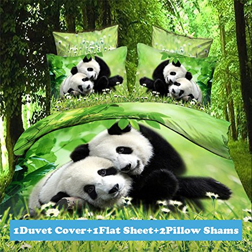 Lt Full/queen Size 4-pieces 3d Panda Animal Green White Floral Prints Duvet Cover Sets (4pcs Without Comforter)