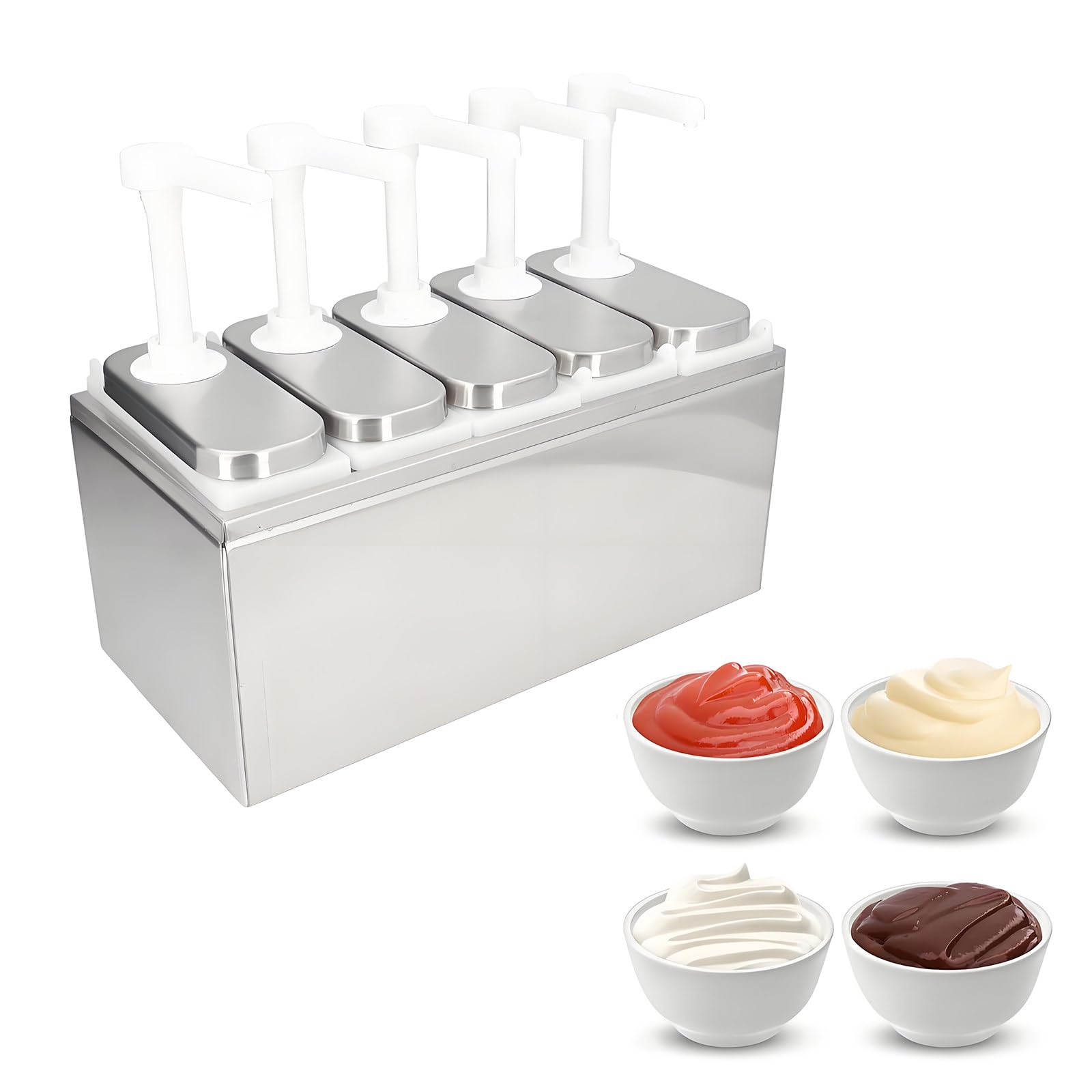 Saucenspender aus Kunststoff und Edelstahl, für Gewürze, Pumpstation, Soßenspender, Küche, Saucenpumpe, Sirup-Pumpspender, jede Saucenpumpflasche ist 2 l (5 Pumpflaschen), 5 Pumpen 2 l