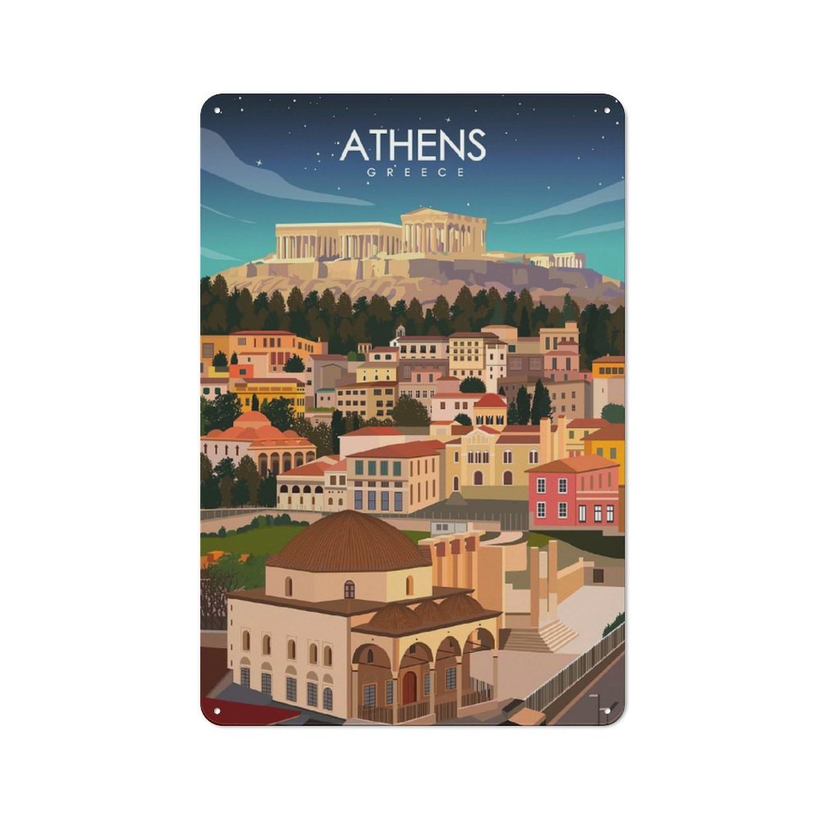Junmoney Style-13 Athens Greece Travel Art Decorative Tin Sign 30X20cm, Distressed Look Vintage Wall Decor For Lounge, Study, Pub Or Wall Gallery