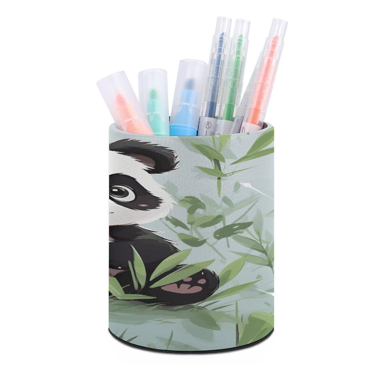 VstaDank Panda Bamboo Pen Holder Leather Pencil Cup Round Pencil Holder for Desk Organizer Personalized Pen Cup Fashion Pen Organizer Makeup Brush Holders for Office Home&Gift