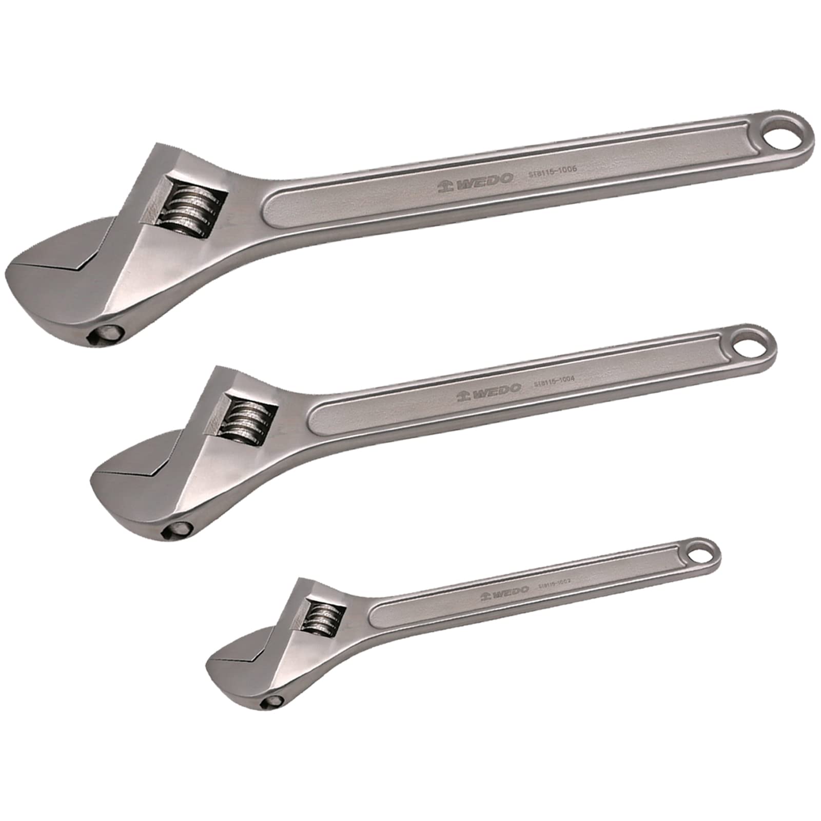 WEDO Set di 3 chiavi inglesi in acciaio inox, chiave regolabile, anticorrosione, standard DIN, resistenti alla ruggine, durevoli (lunghezza 100 mm, 150 mm, 200 mm)