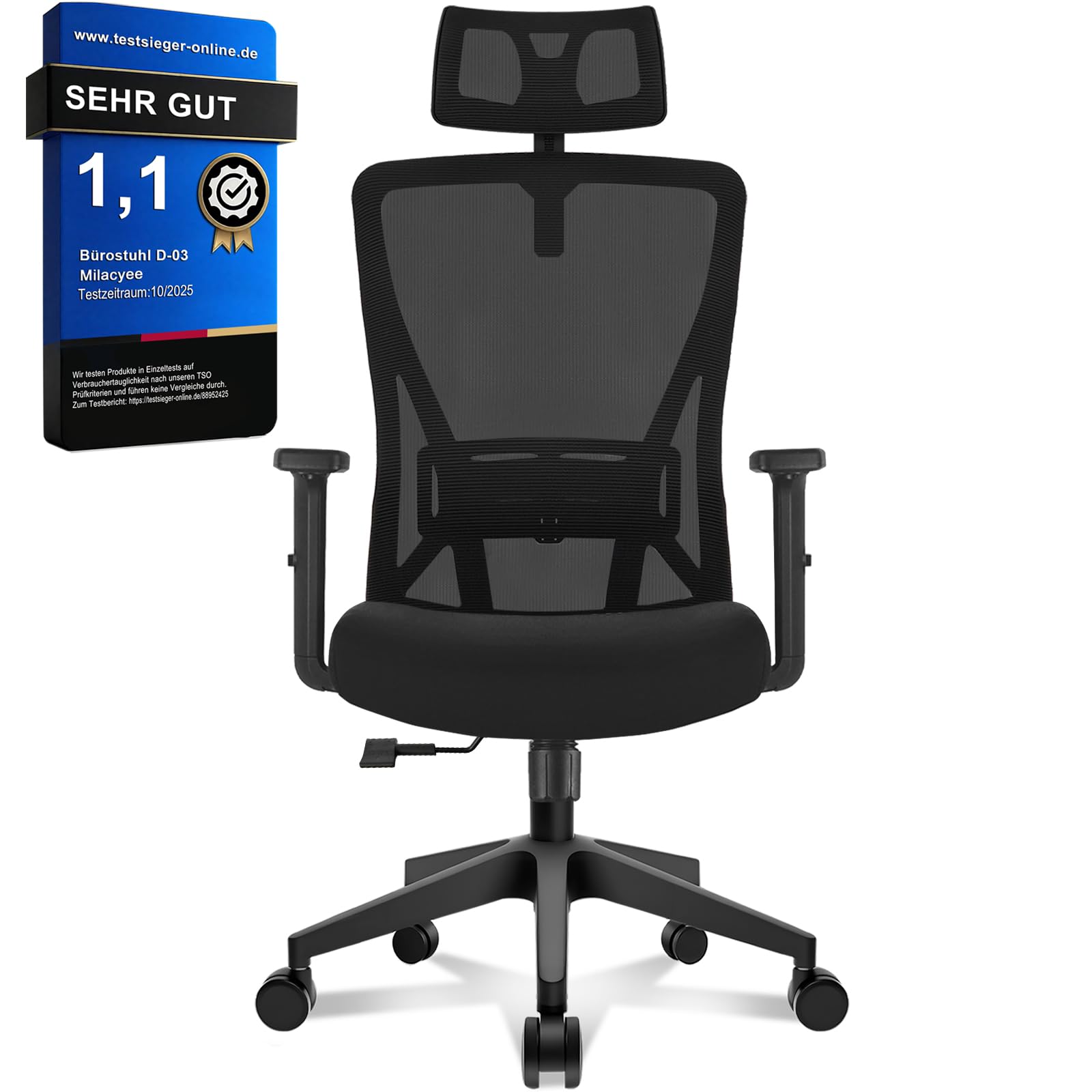 Milacyee Bürostuhl, Schreibtischstuhl mit Lordosenstütze & Kopfstütze, Ergonomischer Bürostuhl, Höhenverstellbarer Netzstuhl,Bis 150 kg Belastbar, Leise Rollen für Homeoffice & Büro